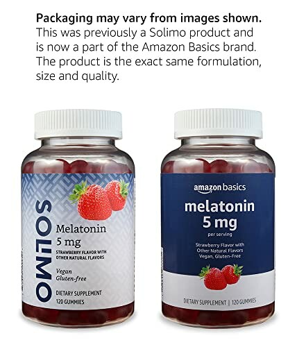 Amazon Basics and Solimo melatonin gummies bottles with strawberries.