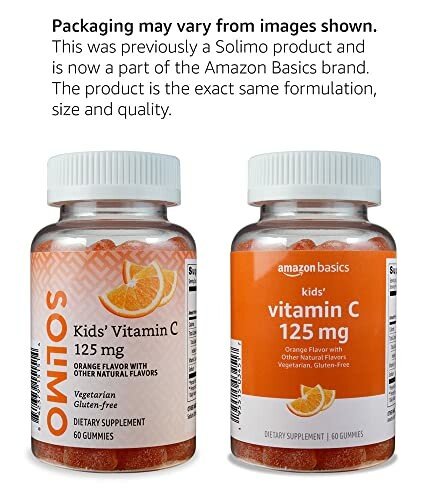 Two bottles of Amazon Basics Kids Vitamin C 125 mg gummies.