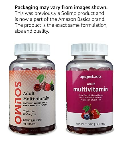 Amazon Basics and Solimo multivitamin bottles side by side.