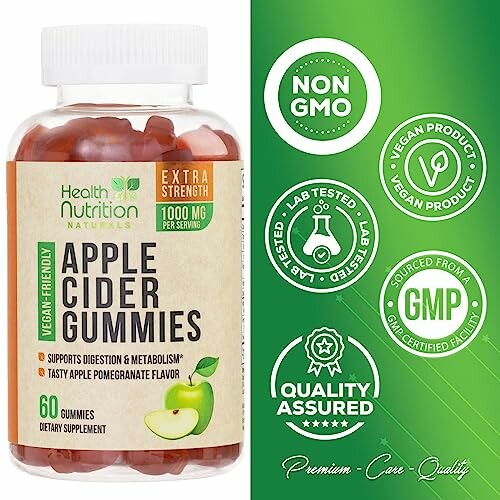 Apple cider gummies bottle with health certifications.
