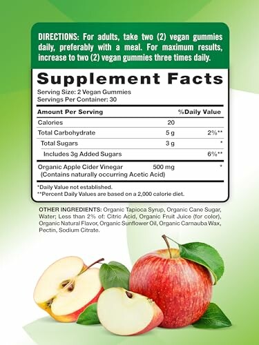 Supplement facts label for apple cider vinegar gummies with images of apples.