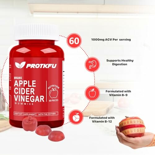 Apple cider vinegar gummies bottle with health benefits listed.