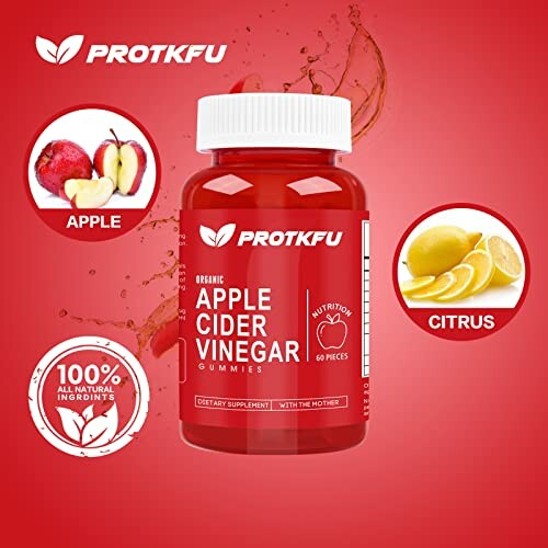 Apple cider vinegar gummies bottle with apple and citrus illustrations.
