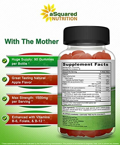 Apple cider vinegar gummies bottle with supplement facts and benefits.