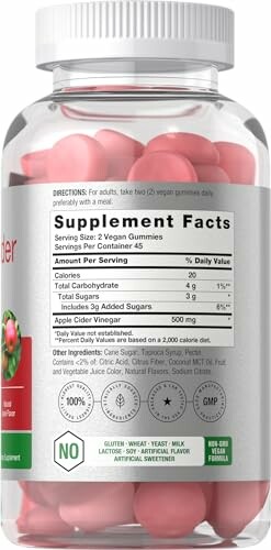 Bottle of apple cider vinegar gummies with supplement facts label.
