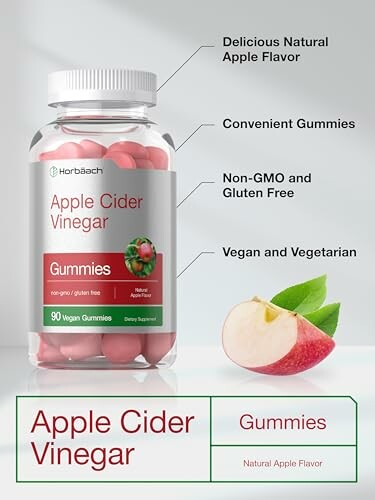 Apple cider vinegar gummies bottle with sliced apple.