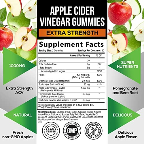 Apple cider vinegar gummies with supplement facts and ingredients.