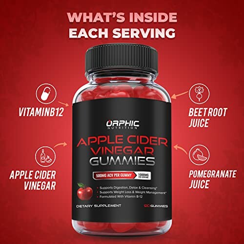 Bottle of apple cider vinegar gummies with ingredients: Vitamin B12, beetroot juice, apple cider vinegar, pomegranate juice.