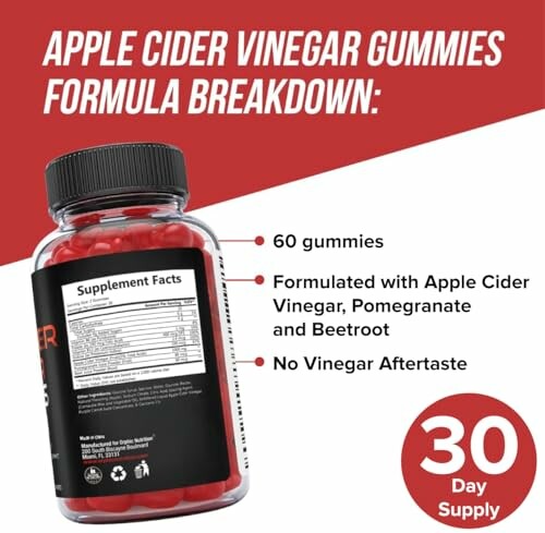 Apple cider vinegar gummies bottle with supplement facts and 30 day supply.