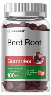 Bottle of Horbaach Beet Root Gummies, natural strawberry flavor