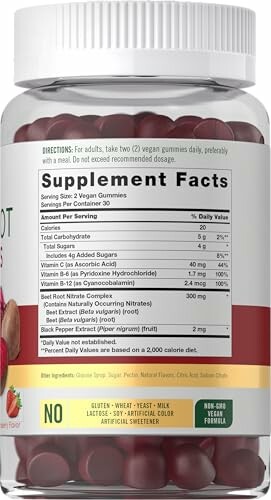 Supplement facts label on a bottle of beet root gummies.