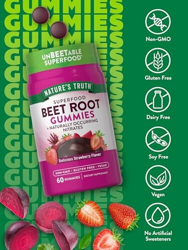 Nature's Truth Beet Root Gummies with health icons and ingredients