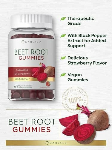 Beet root gummies bottle with benefits and features listed.