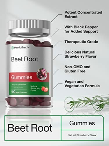 Beet root gummies supplement with strawberry flavor and health benefits.