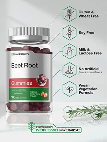 Beet root gummies bottle with health benefits listed.
