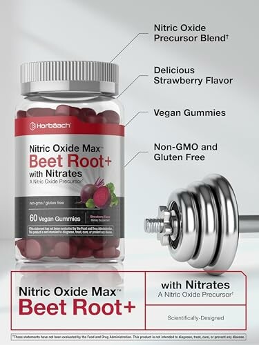 Beet Root Nitric Oxide Max gummies with strawberry flavor and dumbbell.