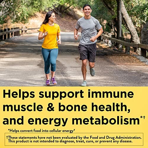 A couple jogging on a trail with a health supplement message.