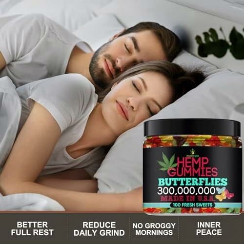 A couple sleeping peacefully with a jar of hemp gummies nearby.