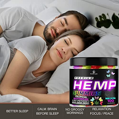 Couple sleeping peacefully next to hemp gummies jar.