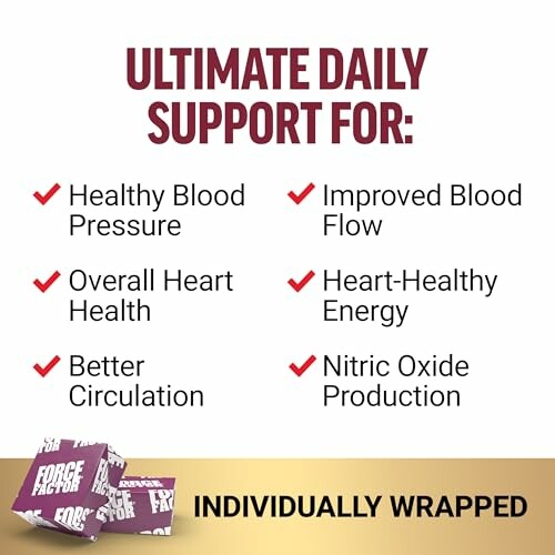 Benefits of daily support: healthy blood pressure, heart health, circulation, blood flow, heart energy, nitric oxide production.