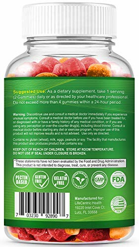 Back label of a dietary supplement gummy bottle with usage instructions and warnings.