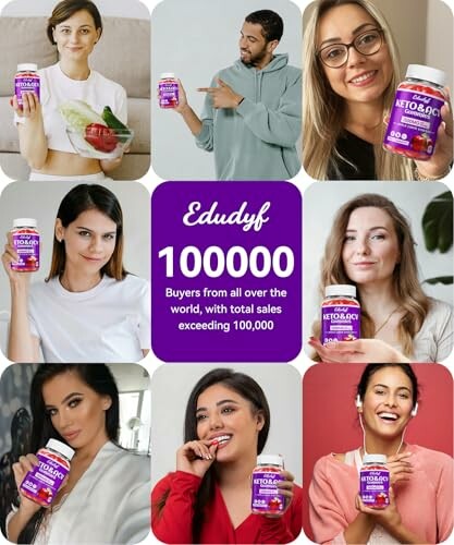 Collage of people holding Edudyf Keto supplement with sales milestone announcement.