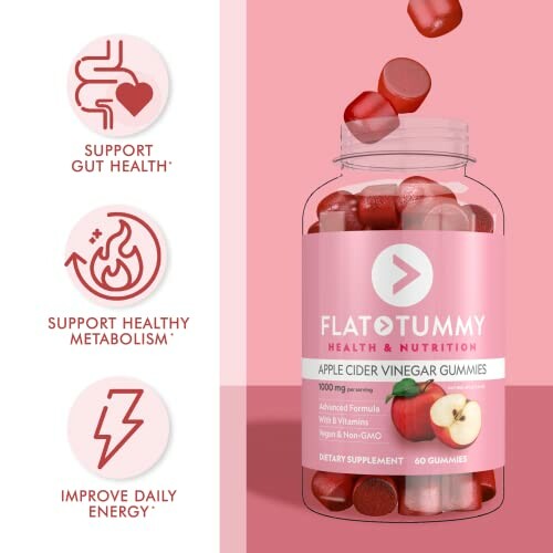 Flat Tummy apple cider vinegar gummies bottle with health benefits icons.