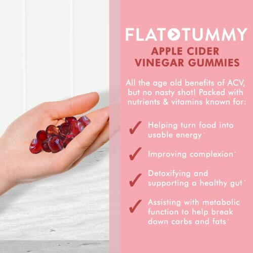 Hand holding apple cider vinegar gummies with benefits listed.