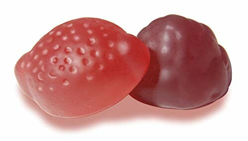 Two gummy candies shaped like strawberries.