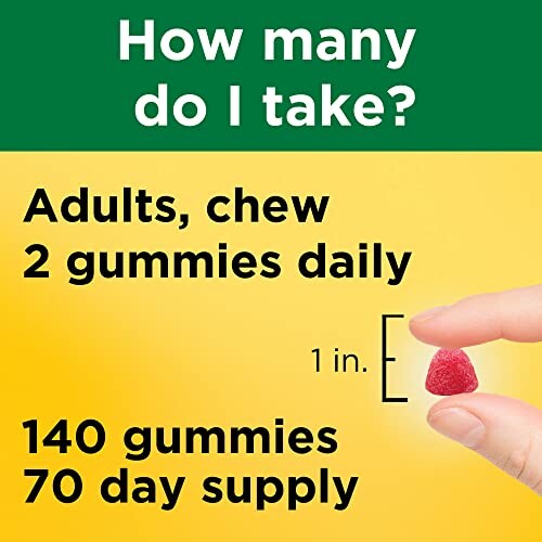Gummy dosage instructions for adults, chew 2 gummies daily, 140 gummies, 70 day supply.
