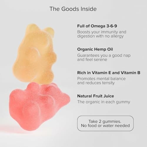 Two gummy bears with supplement benefits listed: Omega 3-6-9, Organic Hemp Oil, Vitamins E and B, Natural Fruit Juice.