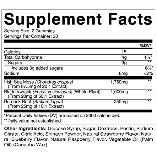 Supplement facts for gummies, including ingredients like Irish Sea Moss and Burdock Root.