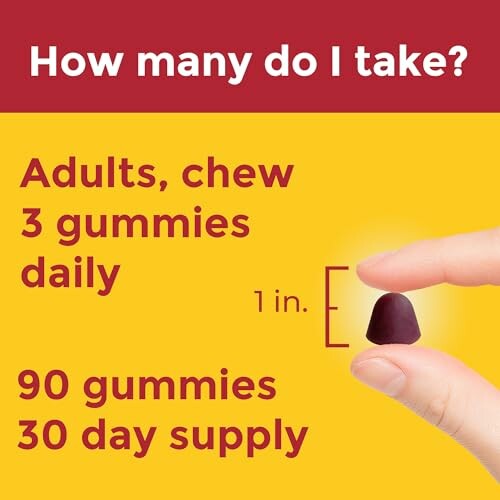 Gummy dosage instructions: Adults chew 3 gummies daily. 90 gummies, 30-day supply.