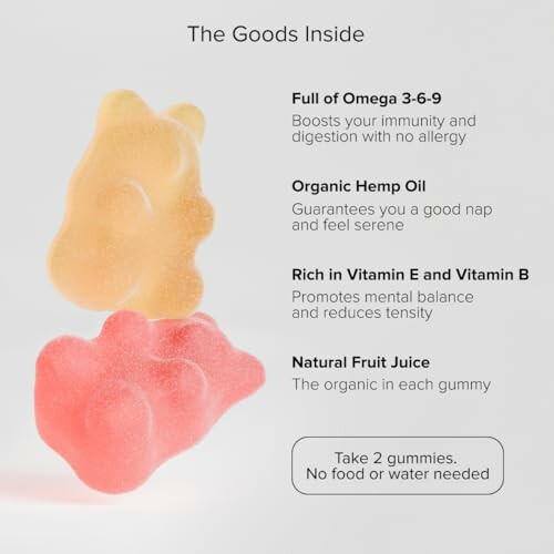 Gummy vitamins with benefits description including omega 3-6-9, organic hemp oil, vitamins E and B, and natural fruit juice.