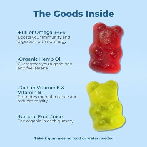 Image of two gummies with health benefits listed.