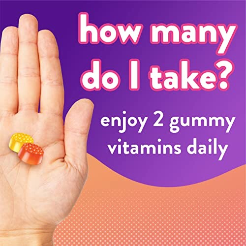 Hand with two gummy vitamins and dosage instructions.