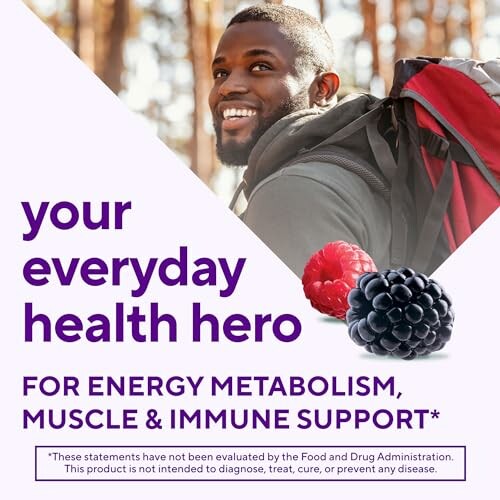 Man smiling with backpack, promoting energy metabolism, muscle and immune support.