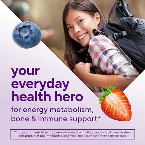 Smiling woman with backpack, blueberry and strawberry promoting health supplement benefits.