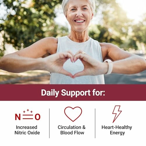 Smiling woman making heart shape with hands, promoting daily support for nitric oxide, circulation, and heart energy.