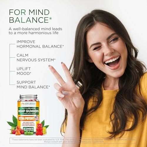 Woman smiling and gesturing peace sign with hemp gummies product displayed