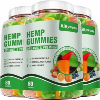 Three bottles of organic hemp gummies with fruit flavors.