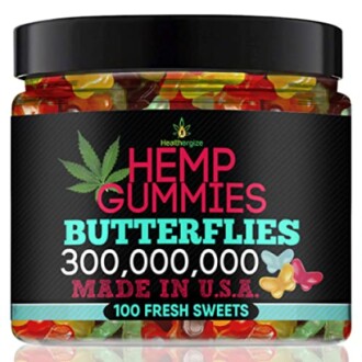 Jar of hemp gummies labeled 'Butterflies', made in USA.