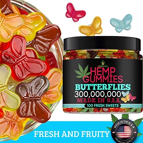 Colorful butterfly-shaped hemp gummies next to a jar.