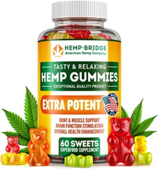Bottle of extra potent hemp gummies with colorful gummy bears and hemp leaves.
