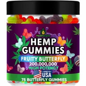 Jar of fruity butterfly hemp gummies with high potency label.