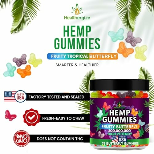 Hemp gummies in fruity tropical butterfly flavors with packaging.