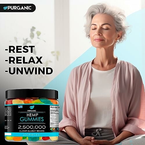 Woman meditating with hemp gummies promoting rest, relax, unwind.
