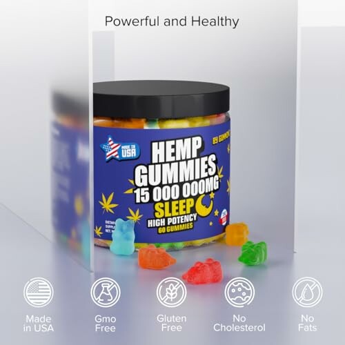 Hemp gummies for sleep with 15,000,000mg potency, featuring colorful gummy bears and health benefits icons.