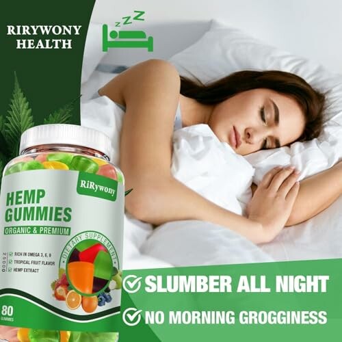 Woman sleeping peacefully with hemp gummies bottle and benefits listed.