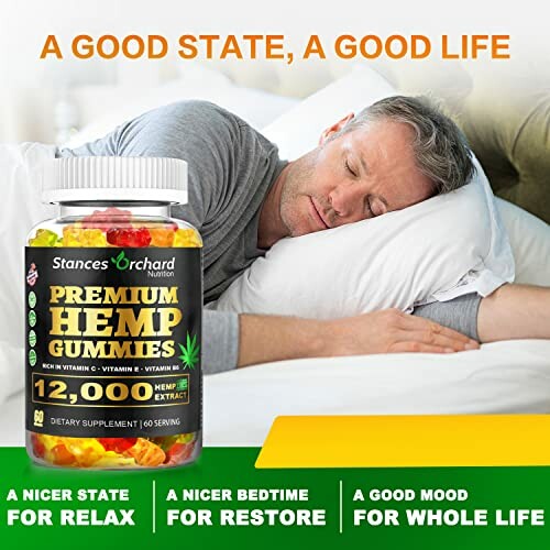 Man sleeping peacefully next to a bottle of premium hemp gummies.